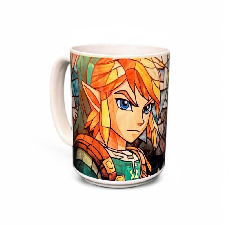 Link Legend of Zelda Inspired Stained Glass Look Coffee Mug Video Game Mug Cup