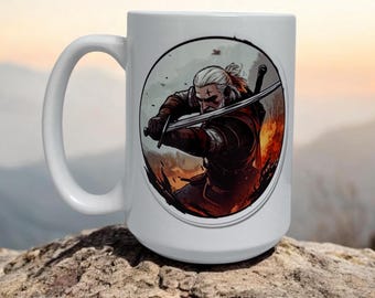 Geralt of Rivia Inspired Coffee Mug – 15 oz Ceramic – Witcher-Inspired Sticker Design – Fantasy Gamer Gift – The Witcher 3 Coffee Cup
