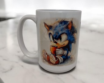 Sonic the Hedgehog Inspired Watercolor Coffee Mug – 15 oz Ceramic – Sonic Inspired Design – Cute Gamer Gift – Retro Gaming Coffee Cup
