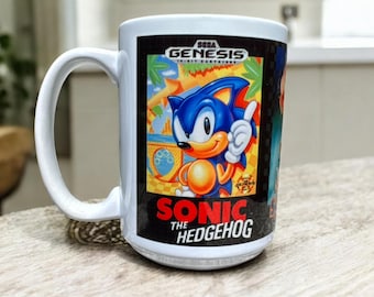 Sonic the Hedgehog Trilogy Mug – 15 oz Sega Coffee Cup – Sonic 1, Sonic 2, Sonic 3 Box Art Wrap – Retro Gaming - Gamer Gift Idea