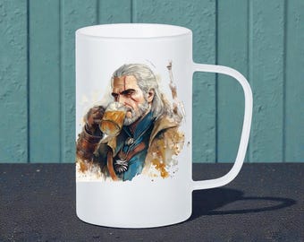 Witcher-Inspired 18 oz Frosted Beer Mug – Geralt of Rivia Watercolor Art – Gamer Barware, Man Cave Gift, Frosted Glass Stein, Video Game Fan