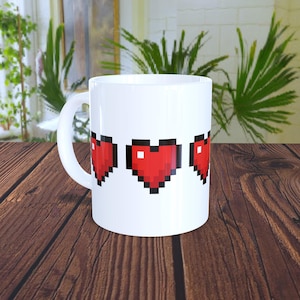 8-Bit Hearts Mug – Pixel Life Hearts Full Wrap – 15 oz Ceramic Gamer Coffee Cup, Retro Gaming Gift - Video Game Gift Idea - Retro Games