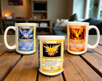 Legendary Birds Card Trio Wrap Mug – 15 oz Ceramic – Fossil Set Articuno, Zapdos & Moltres – Pokémon TCG-Inspired Retro Gift