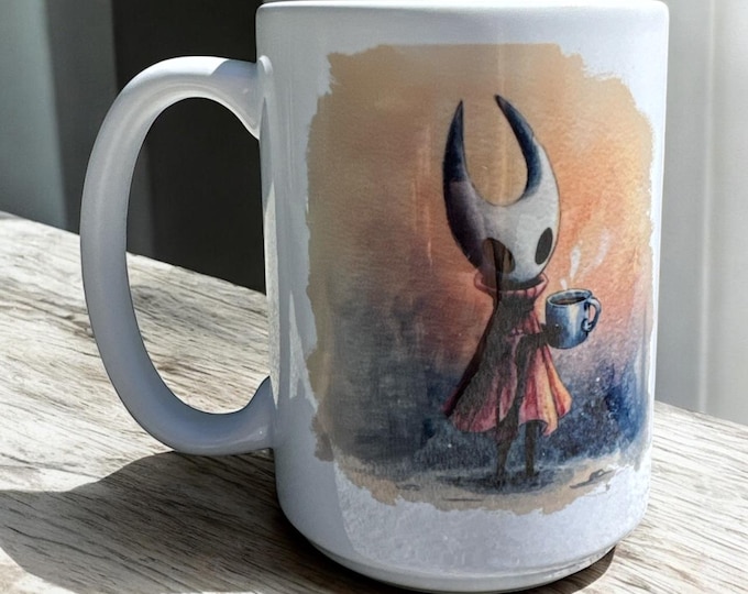 Featured listing image: Hornet-Inspired Watercolor Mug – 15 oz Ceramic – Silksong & Hollow Knight Coffee Cup – Indie Metroidvania Gamer Gift - Gamer Idea