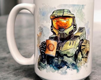 Halo Inspired Coffee Mug –  Watercolor Style Master Chief Inspired Design – 15 oz Ceramic – Gamer Gift – Sci-Fi Coffee Cup – Xbox Fan Gift