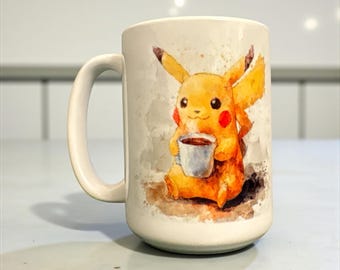 Cute Pikachu Watercolor Mug – 15 oz Ceramic Coffee Cup – Pokémon-Inspired Kawaii Gamer Gift, Kanto Nostalgia - Gift For Gamer