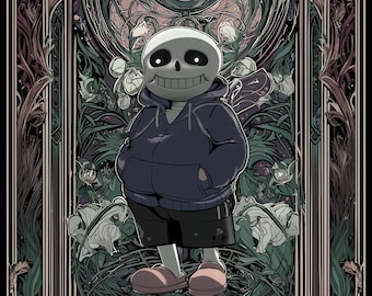 Sans Undertale Inspired Art Nouveau Giclée Print – 13x19" Canon Luster, Gamer Room Wall Art, Indie RPG Poster, Pastel Gothic Decor