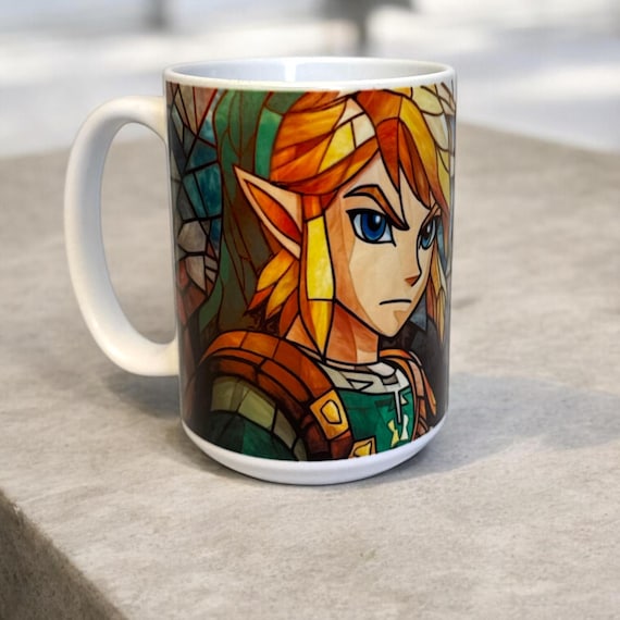 Legend of Zelda Inspired Stained Glass Mug – 15 oz Ceramic – Link Ocarina of Time Inspired – Gamer Gift – Video Game Coffee Cup