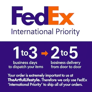 May include: The FedEx logo in purple and orange, with the words "International Priority" below. The image also states "1 to 3 business days to dispatch your items" and "2 to 5 business delivery from door to door."