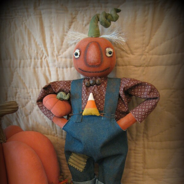OOAK Artist Primitive Autumn Standing Harold Pump-kid Doll w/Mini Pumpkin