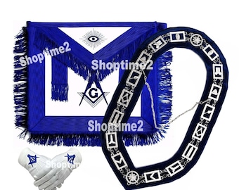 Blue Lodge Master Mason Apron With Blue Fringe, Chain Collar And Cotton Gloves Set