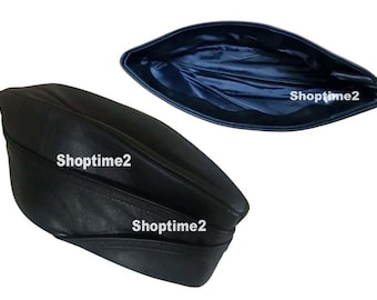 New Black Genuine Leather Adult Gay Army Soldier Side Envelope Cap Hat/Cap
