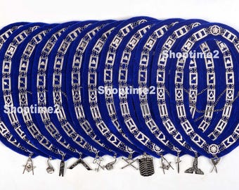 Blue Lodge Masonic Silver Chain Collar, Officer Jewels, Blue Velvet Backing Set of 12 Pcs