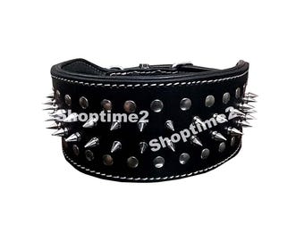 Genuine leather Heavy Duty Dog Collar with Spikes and soft leather Cushion 3.2 inch wide