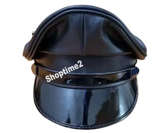Black Genuine Leather Army Muir Biker Peaked Police Gay Bluf Cap Hat