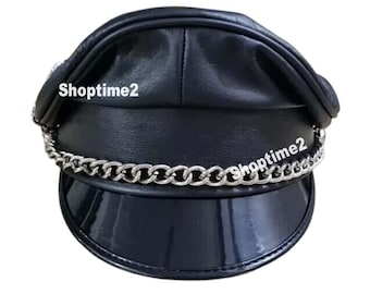 Black Genuine Leather Biker Muir Cap Officer Cap with Chain and Strap