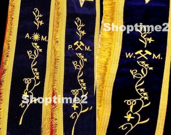 Masonic OES A.M P.M W.M Sash set of 3 Associate Past Worthy Matron Sash Hand Embroidered with Purple Velvet