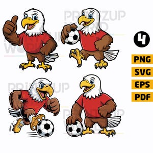 May include: Four cartoon eagle illustrations in red shirts, each with a different soccer-themed pose. One gives a thumbs up, two are holding soccer balls, and one is kicking a soccer ball. The image includes file type options: PNG, SVG, EPS, and PDF.