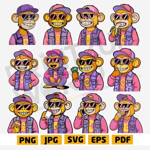 Cool Monkey Clipart Bundle | Cartoon Hip Hop Ape Graphics | Funky Character PNG SVG EPS