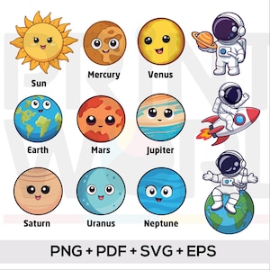 Op de afbeelding: Een kleurrijke illustratie van het zonnestelsel, met de zon, planeten en astronauten. Elke planeet wordt afgebeeld met een lachend gezicht en zijn naam. De tekst "PNG + PDF + SVG + EPS" is ook inbegrepen.
