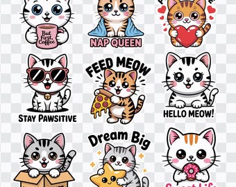 Kawaii Cat Stickers Bundle | Funny Cat Quotes (png, svg, eps, pdf)