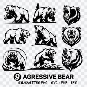 Puede incluir: Una colección de nueve siluetas de osos en blanco y negro en varias poses, incluyendo caminar, rugir y estar de pie. El texto "9 Agressive Bear" se muestra debajo de las imágenes, junto con información sobre el tipo de archivo.