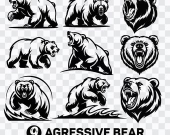 Aggressive Bear Clipart | Grizzly Silhouette Bundle PNG SVG EPS PDf