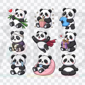 9 imágenes prediseñadas de pandas adorables / Pandas de dibujos animados kawaii / Png Svg Eps Pdf Ai / Manualidades y pegatinas
