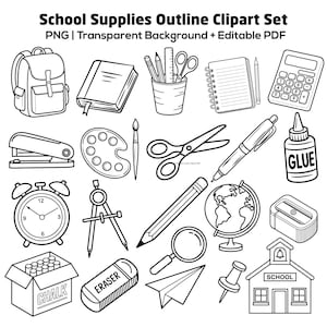 May include: Black and white outline clipart set of school supplies. Includes a backpack, book, pencils, scissors, notebook, calculator, stapler, paint palette, brush, scissors, pen, glue, alarm clock, compass, pencil, globe, sharpener, chalk, eraser, magnifying glass, paper airplane, push pin, and schoolhouse.