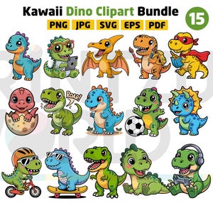 Può includere: Una collezione di 15 immagini Kawaii Dino Clipart Bundle. Le immagini presentano vari dinosauri dei cartoni animati in diverse pose e attività, tra cui andare in bicicletta, andare sullo skateboard e giocare a calcio. I dinosauri sono in vari colori, tra cui blu, verde e giallo.