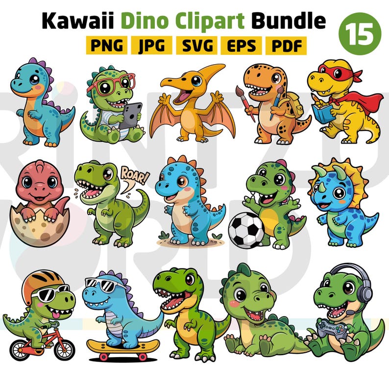 Kawaii Dinosaur Clipart Bundle | Kids Stickers, Nursery Decor (PNG, SVG ...
