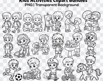 Kids Activities Clipart Bundle | Black and White PNG | Transparent Background