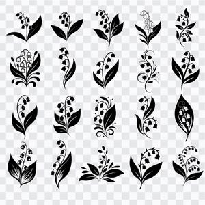 Könnte beinhalten: Ein Satz von 20 Schwarzweiß-Illustrationen von Maiglöckchen. Die Blumen sind in verschiedenen Stilen dargestellt, darunter einfache Umrisse und detailliertere Designs.