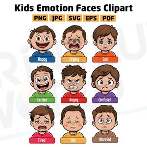 kids emotions clipart | 9 Cartoon Boy Facial Expressions | Emotions png svg eps PDF JPG | Classroom Visuals, Learning, Flashcards