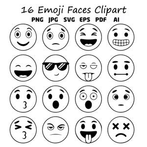 Puede incluir: Clipart en blanco y negro de 16 caras emoji con varias expresiones, incluyendo sonriendo, guiñando y sorprendido. El texto "16 Emoji Faces Clipart" está en la parte superior, con abreviaturas de tipo de archivo debajo.