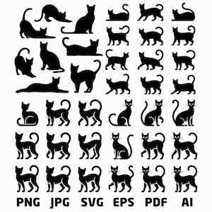 38 Black Cat Silhouettes Bundle | Cat Clipart Png Svg Eps Ai Pdf Jpg | Vector Graphics for Cricut, Sublimation, Crafts