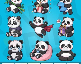 Cute Panda Clipart Set | Kawaii Cartoon Pandas | Png Svg Eps Pdf Ai | Crafts & Stickers