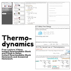 Könnte beinhalten: Eine digitale Präsentation zur Thermodynamik mit Gleichungen, Diagrammen und Text. Der Titel "Thermodynamik" ist prominent, zusammen mit Text, der kostenlose Vorlesungsvideos und herunterladbare Notizen und Hausaufgaben bewirbt.