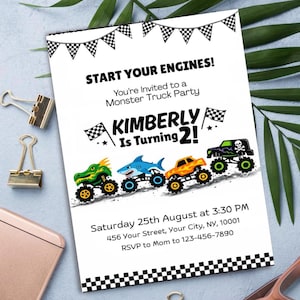 May include: White invitation card with the text "START YOUR ENGINES!" and "KIMBERLY Is Turning 2!" features monster truck illustrations. Includes event details: date, time, and location. Decorative black and white checkered flag and banner elements.