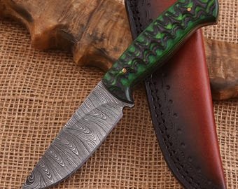 Handmade Damascus Skinner Knife – Custom Hunting Knife with Leather Sheath