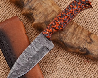 Handmade Damascus Skinner Knife – Custom Hunting Knife with Leather Sheath