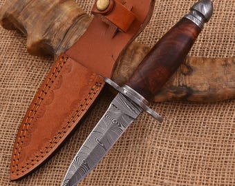 Handmade Damascus Skinner Knife – Rosewood Handle, Leather Sheath