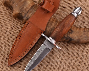 Hand Forged Damascus steel Skinner Knife – Rosewood Handle, Leather Sheath