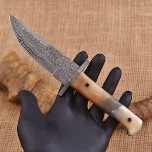 Handmade Damascus Skinner Knife – Bone Handle Hunting Knife with Leather Sheath