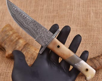 Handgefertigtes Damast-Skinnermesser - Jagdmesser mit Knochengriff und Lederscheide