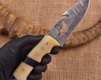Handmade Damascus Skinner Knife – Custom Hunting Knife with Leather Sheath