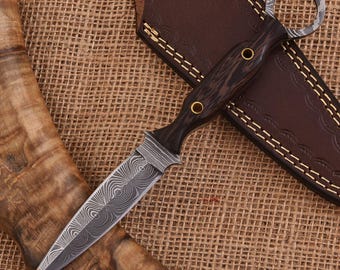 Handmade Damascus Skinner Knife – wenge wood Handle, Leather Sheath