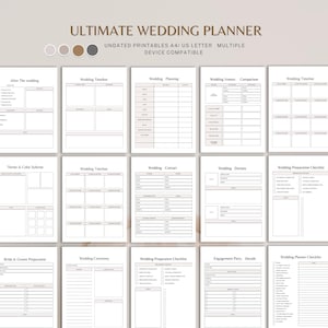 May include: Printable wedding planner with 12 pages, including checklists, timelines, and contact information. The pages are white with black text and lines.