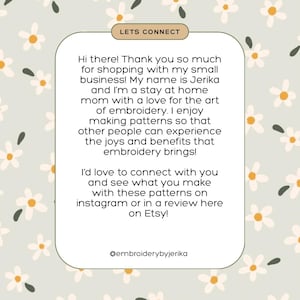 May include: A light green background with a daisy pattern and a white and green rounded rectangle containing text. The text reads "LETS CONNECT" and a message about embroidery patterns and connecting on Instagram or Etsy.