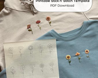 Flower Embroidery Templates: Printable for Stick and Stitch (PDF Download) for Clothes and Other Projects
